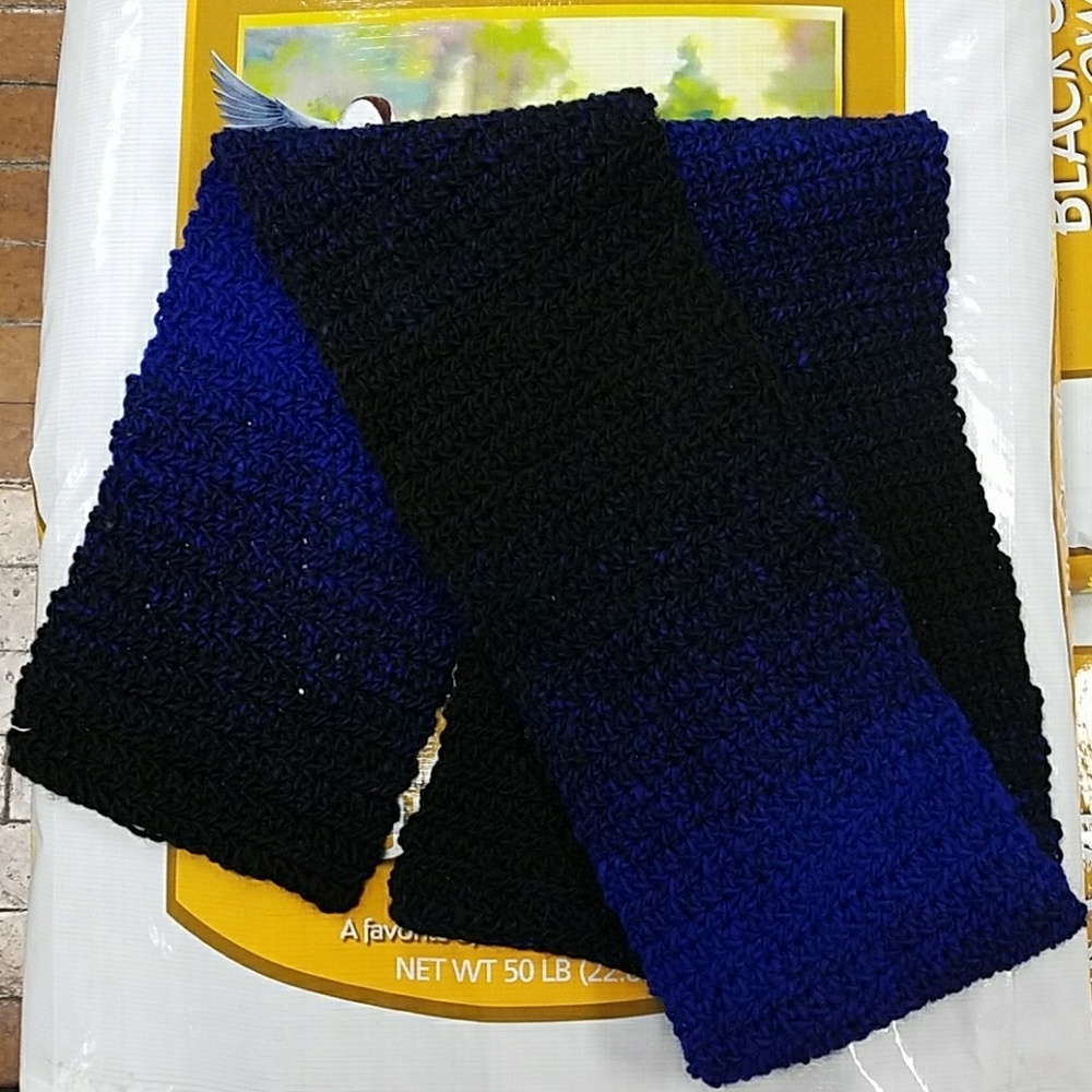 Handmade Crocheted Varigated Scarf Black and Blue